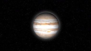 Çarpıcı Jüpiter gezegeni dönen uzay animasyonu gerçekçi 4K UHD galaksi keşfi. Şaşırtıcı Jüpiter dönüş animasyonu gezegensel uzay arka plan galaksisi 4K UHD pürüzsüz.