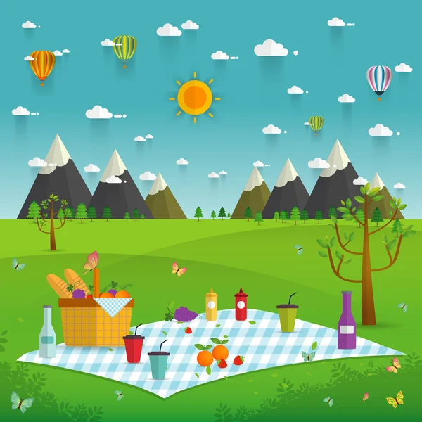 Picnic al aire libre en las montañas — Vector de stock