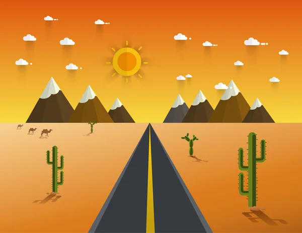 Estrada através de um deserto e montanhas — Vetor de Stock