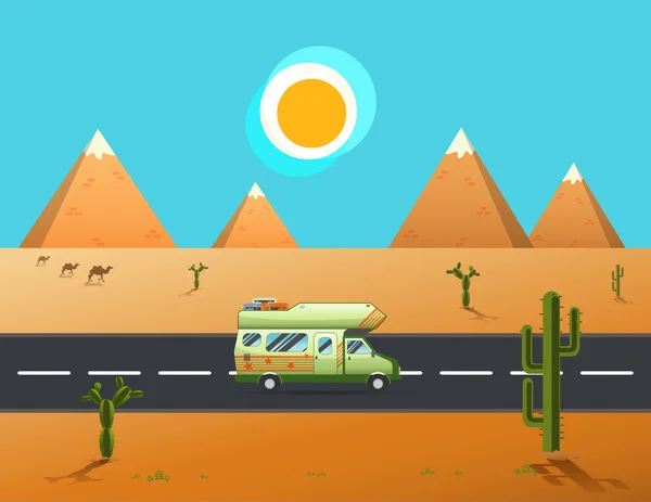 Viajante caminhão dirigindo na estrada para deserto e montanhaslandsc — Vetor de Stock