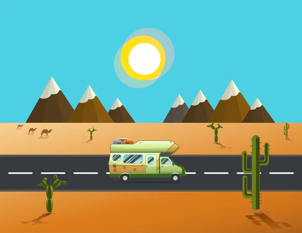 Camion de voyageur conduisant sur la route du désert et des montagnespaysage — Image vectorielle