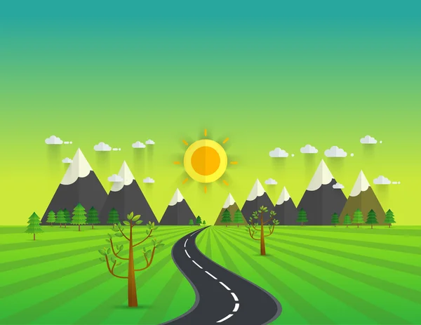 Camino en valle verde, montañas, colinas, nubes y sol en el sk — Vector de stock
