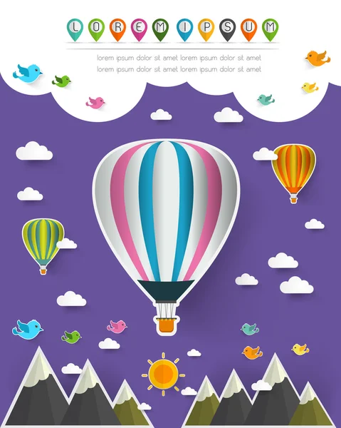 Globo de aire caliente en el cielo sobre la montaña, paisaje pop-up papel c — Vector de stock