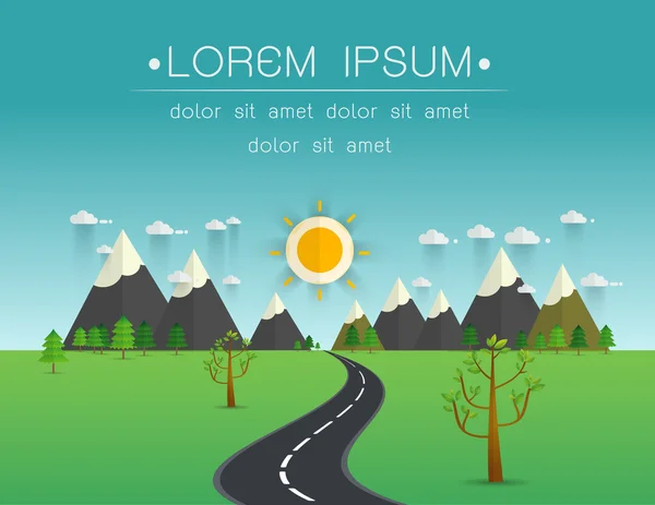 Дорога в зеленій долині, гори, пагорби, хмари і сонце на скіні — стоковий вектор