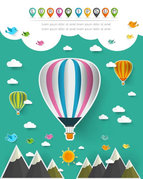 Globo de aire caliente en el cielo sobre la montaña, paisaje pop-up papel c — Vector de stock