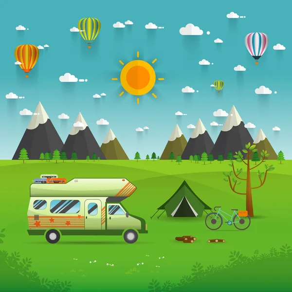 Parc national de montagne scène de camping avec caravane familiale — Image vectorielle