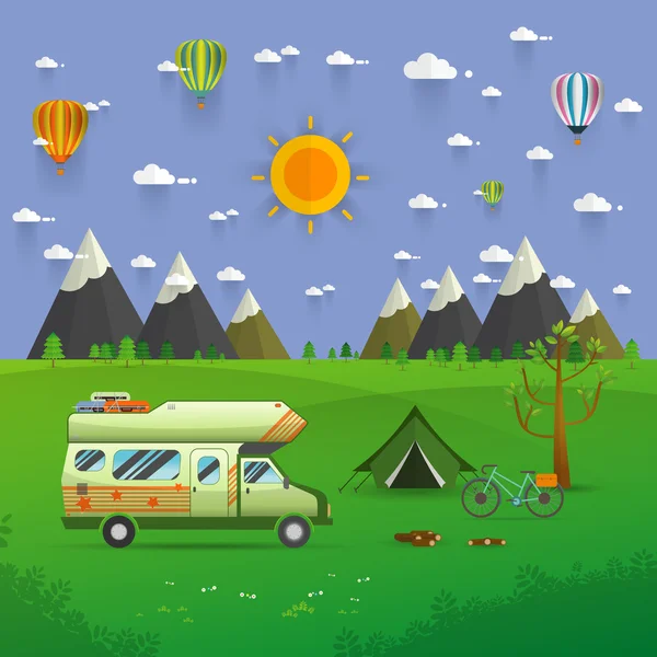 Parque nacional de montaña camping escena con caravana remolque familiar — Archivo Imágenes Vectoriales