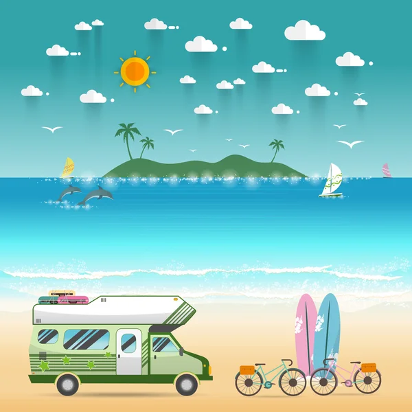 Playa de verano camping isla paisaje con caravana campista — Archivo Imágenes Vectoriales