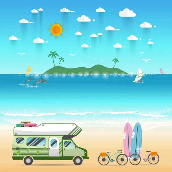 Summer beach camping island landscape with caravan camper — Stock vektor