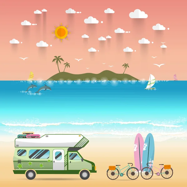 Estate spiaggia campeggio isola paesaggio con roulotte camper — Vettoriale Stock