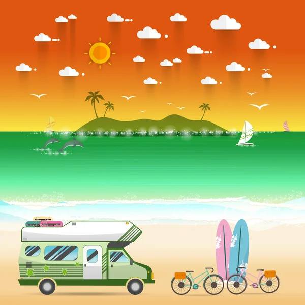 Playa de verano camping isla paisaje con caravana campista — Vector de stock
