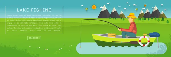 Fisherman sitting in the boat and fishing — Stock Vector