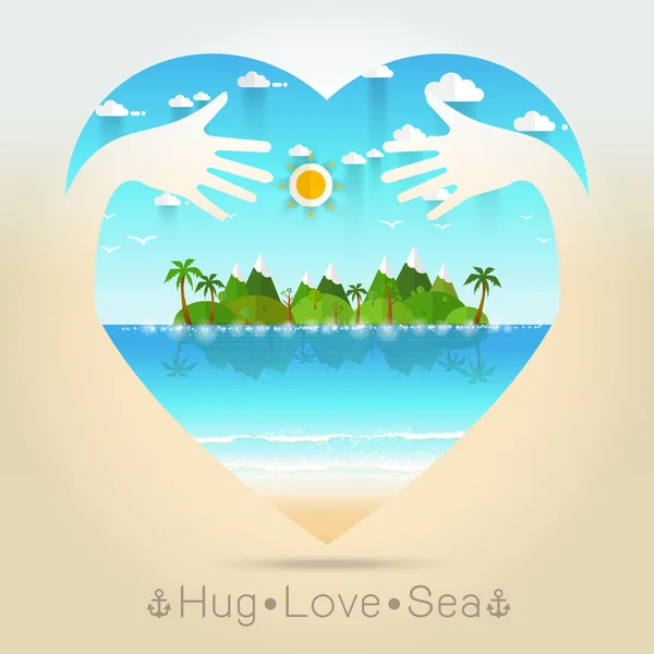 Vackra seascape sommaren i hjärtat med kram hand koncept — Stock vektor
