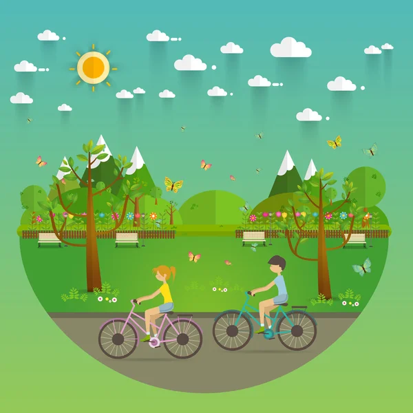 Couple Riding Bicycles In Public Park, Illustration, Flat Design — Stock Vector