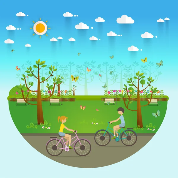 Vélo d'équitation en couple dans le parc public, Illustration, Conception plate — Image vectorielle