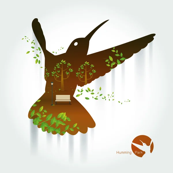 Silueta de colibrí con parque en paisaje exótico — Vector de stock