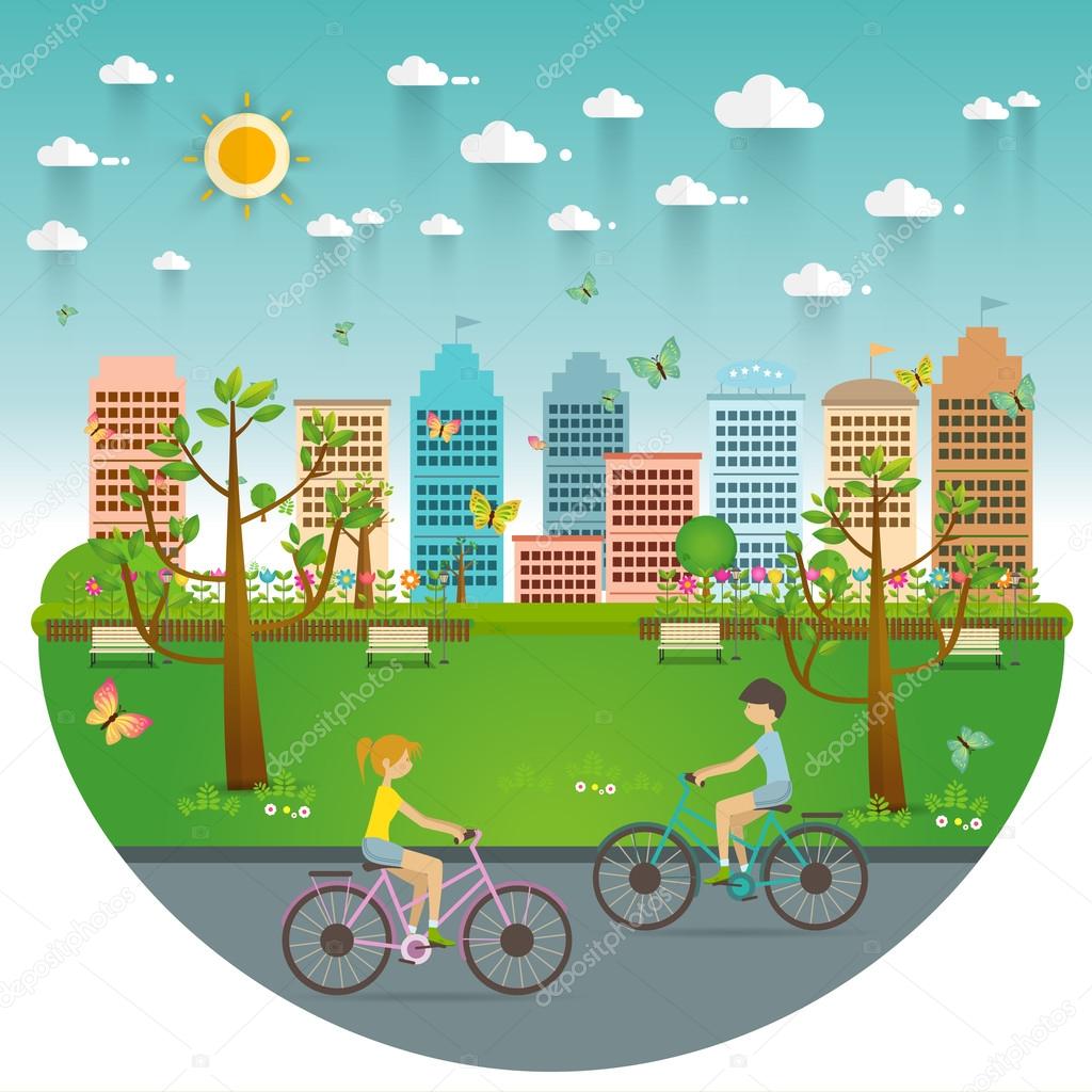 Couple Riding Bicycles In Public Park, Illustration, Flat Design