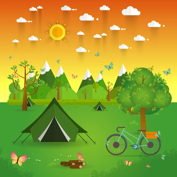 Paisagem.Caminhadas e camping. Ilustração plana vetorial — Vetor de Stock