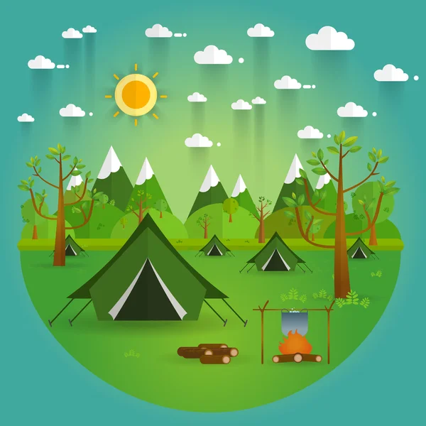 Paisaje.Senderismo y camping. Ilustración plana del vector — Vector de stock