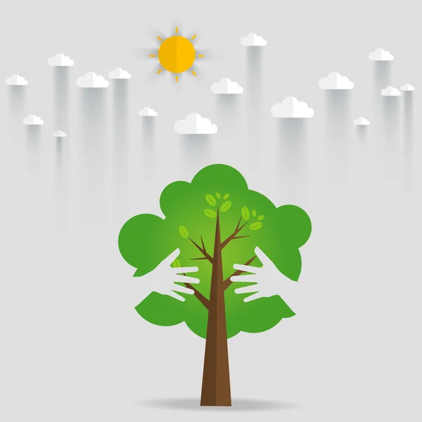 Eco friendly rukama obejmout koncept Zelený strom. Ekologicky přítel — Stockový vektor