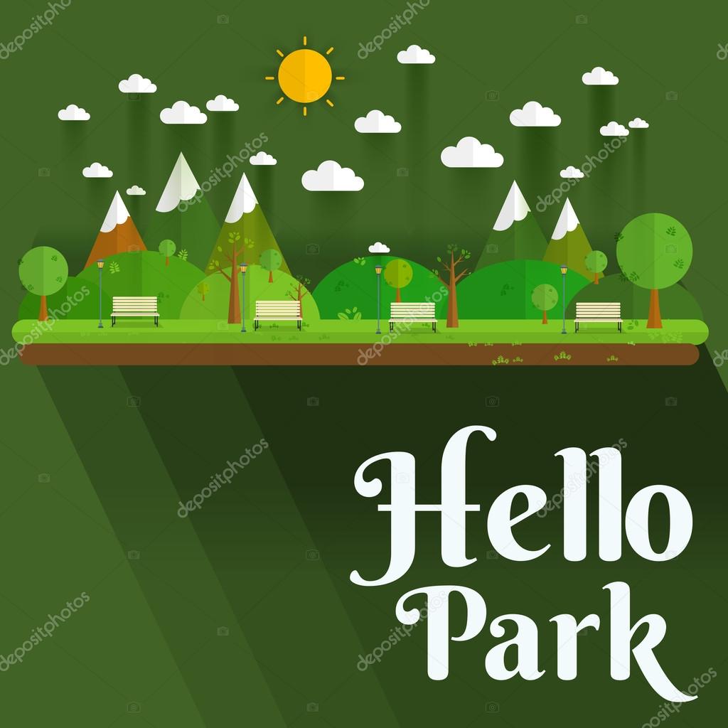 Hello Park. Natural landscape in the flat style. a beautiful park.Environmentally friendly natural landscape.Vector illustration