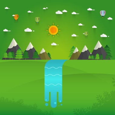 Manzara illüstrasyon. Dağ nehir, şelale