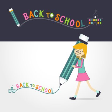 sevimli küçük kız kalem geri okula yazmaya holding 