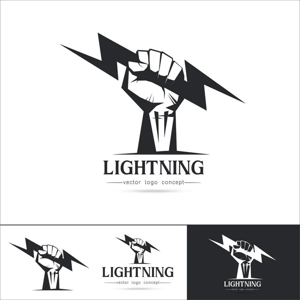 Logo şablonu. Yumruk el yıldırımı tutuyor. Zeus ve güç kavramı beyaz arkaplan vektör illüstrasyonunda izole edildi