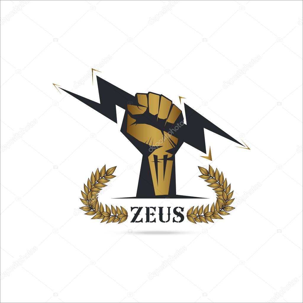 Logo template Fist hand holding  thunder isolate with olive branch with thunder symbol of greek god zeus on white background Vector illustration