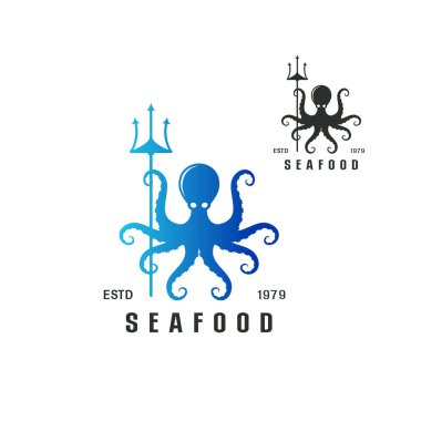 Güzel bir logo simgesi olan Ahtapot, üç çatallı deniz ürünleri kavramını barındırıyor, Octopus 'un izole edilmiş logo şablonu, Ahtapot dövmesi silueti beyaz arkaplan vektör ilülasyonu