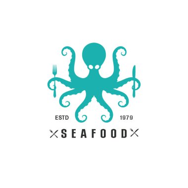 Güzel bir logo simgesi olan Octopus 'un elinde deniz ürünleri konsepti, Octopus' un izole edilmiş logo şablonu, Ahtapot dövmesi silueti ve beyaz arkaplan vektör çizimi var.
