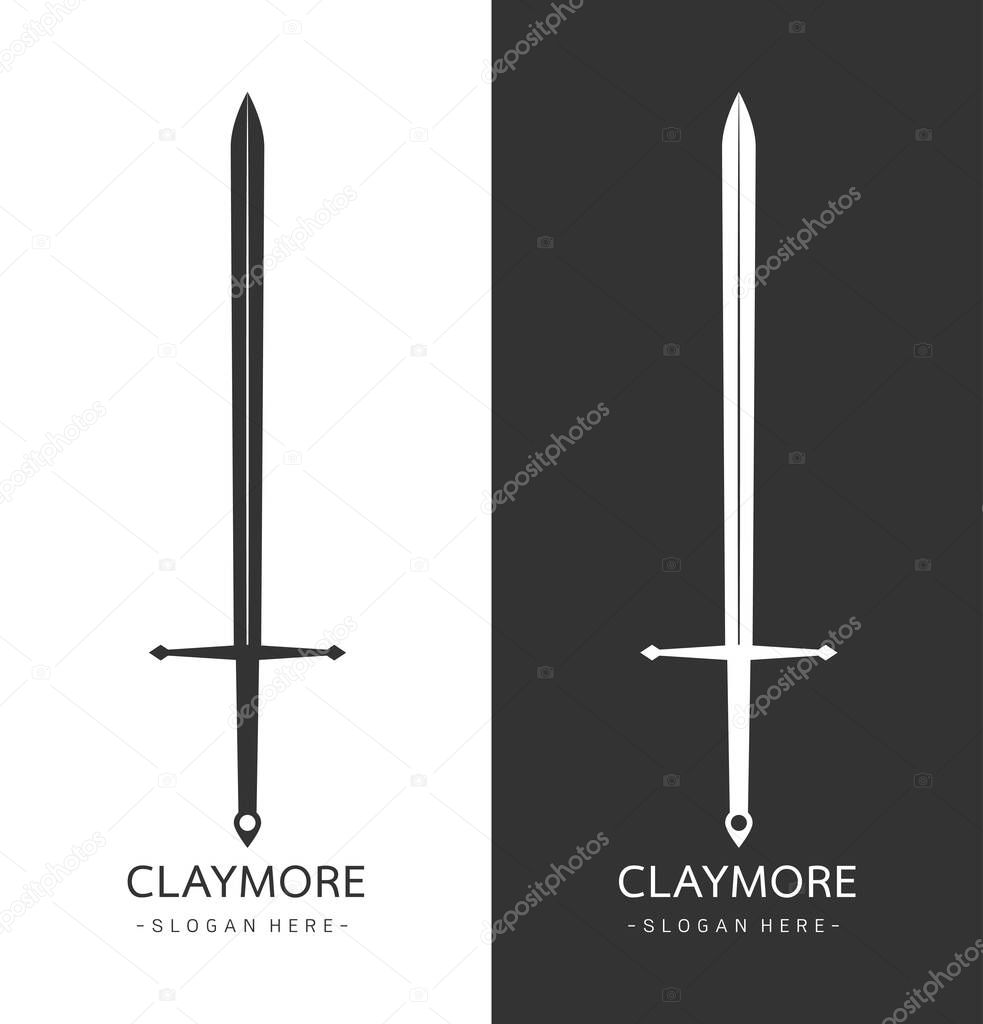 Stylized image of claymore sword logo template, claymore sword Silhouette tattoo, Parry claymore sword concept Medieval Weapons on white background Vector illustration