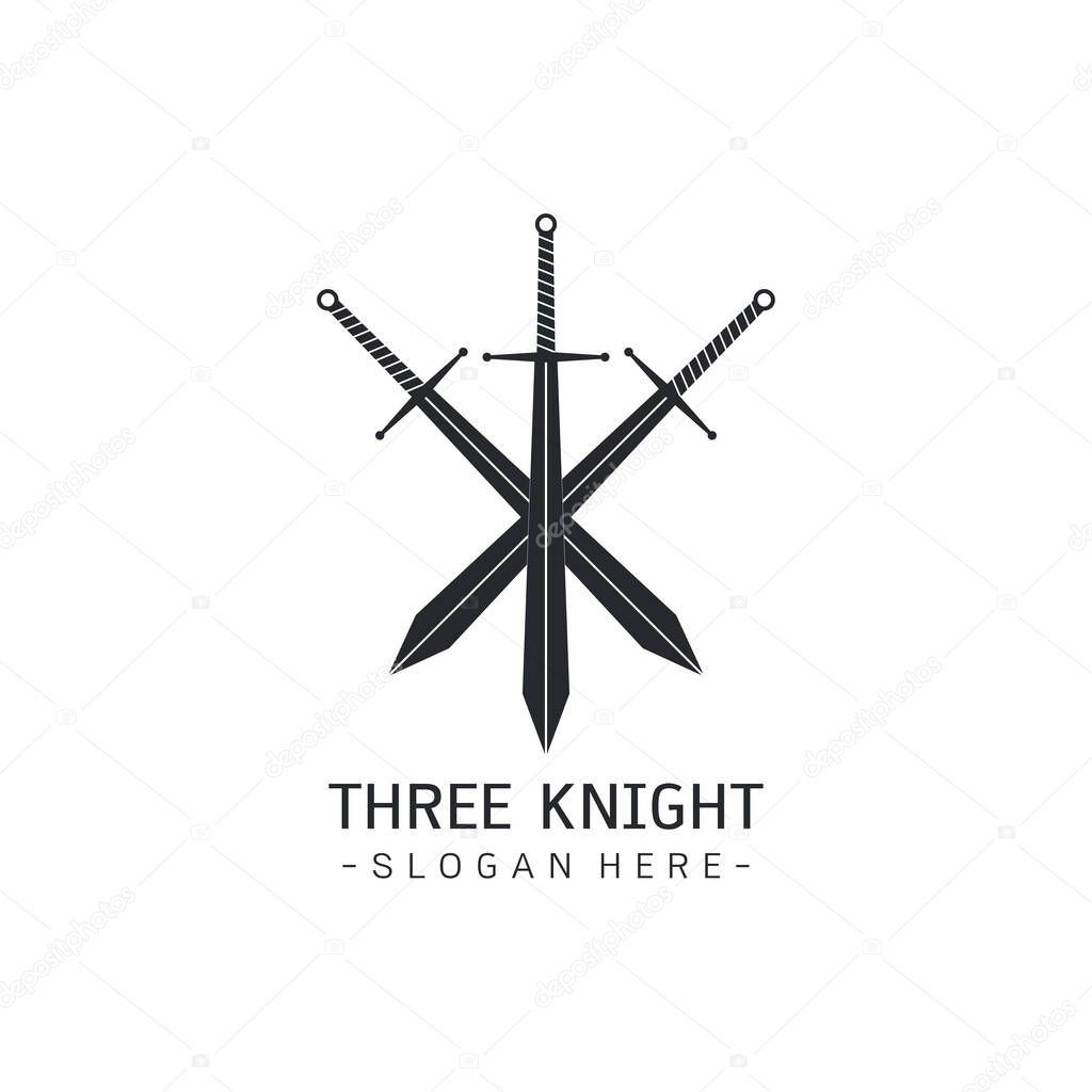 Stylized image of Three swords logo template, Crossed Swords Silhouette tattoo, Three Musketeers concept Medieval Weapons on white background Vector illustration