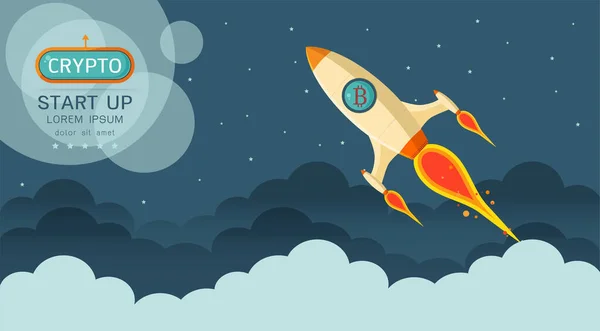 Cohete Volando Sobre Las Nubes Con Bitcoin Icono Del Logotipo — Archivo Imágenes Vectoriales