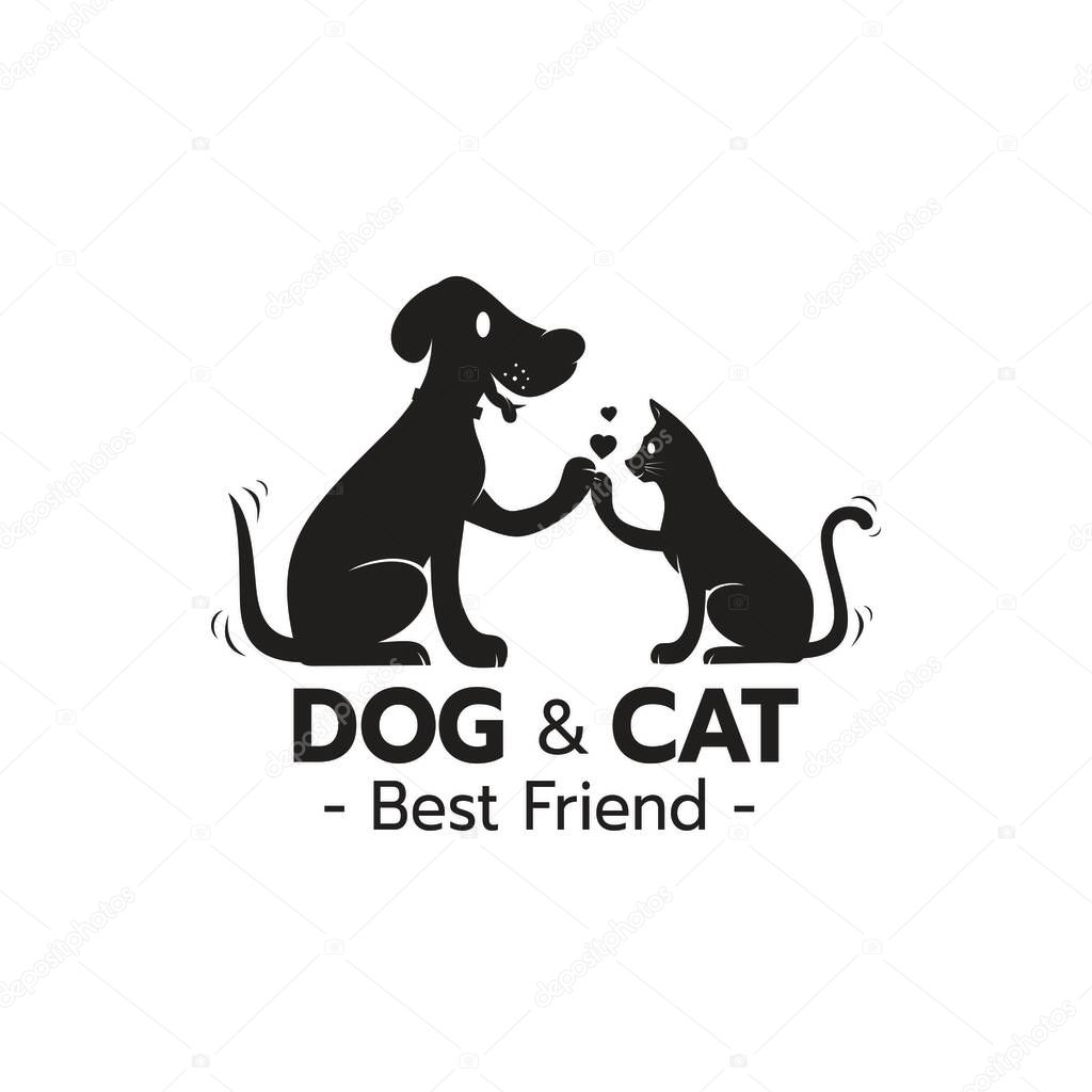 Beautiful logo icon Cat and dog high five hand with heart, Stylized image of Cat and dog logo template, Creative logo design Cat and dog silhouette, Pet care logo concept on white backgrond vector illustration