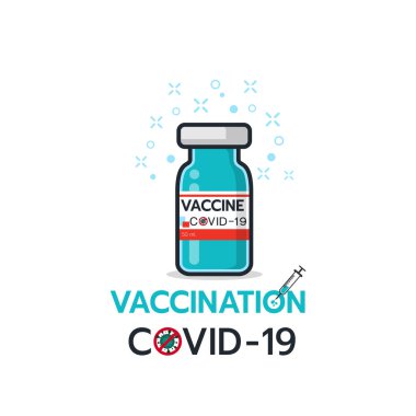 Aşı COVID-19 vektör ikonu. Şırınga ve aşı şişesi, beyaz arka planda bir şişe ilaç. Coronavirus konsepti. Tıbbî ampulün düz simgesi. İzole vektör illüstrasyonu