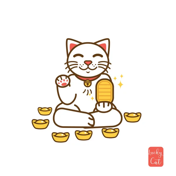 Mignon Dessin Animé Blanc Maneki Neko Chat Chanceux Japonais Tenant — Image vectorielle