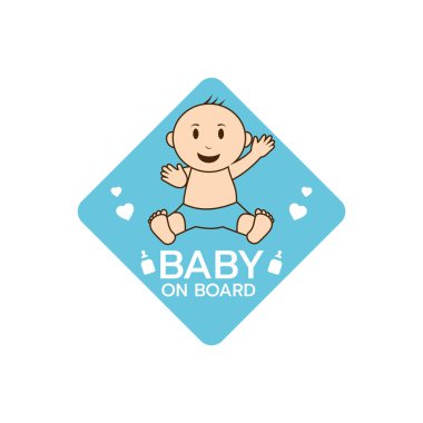 Bebek teknede logo simgesi var. Çocuk güvenliği çıkartması uyarı amblemi. Şirin Bebek Güvenlik tasarımı çizimi, komik, gülümseyen bir kız ya da erkek. Arabanın arka camındaki çıkartma..