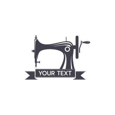 Dikiş makinesi, terzilik giysileri, logo tasarım şablonu. Terzi, terzilik ve tekstil üretimi, moda ve beyaz arkaplan vektör illüstrasyonundaki kıyafetler