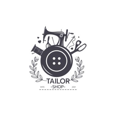 Dikiş makinesi, terzilik giysileri, logo tasarım şablonu. Terzi, terzilik ve tekstil üretimi, moda ve beyaz arkaplan vektör illüstrasyonundaki kıyafetler