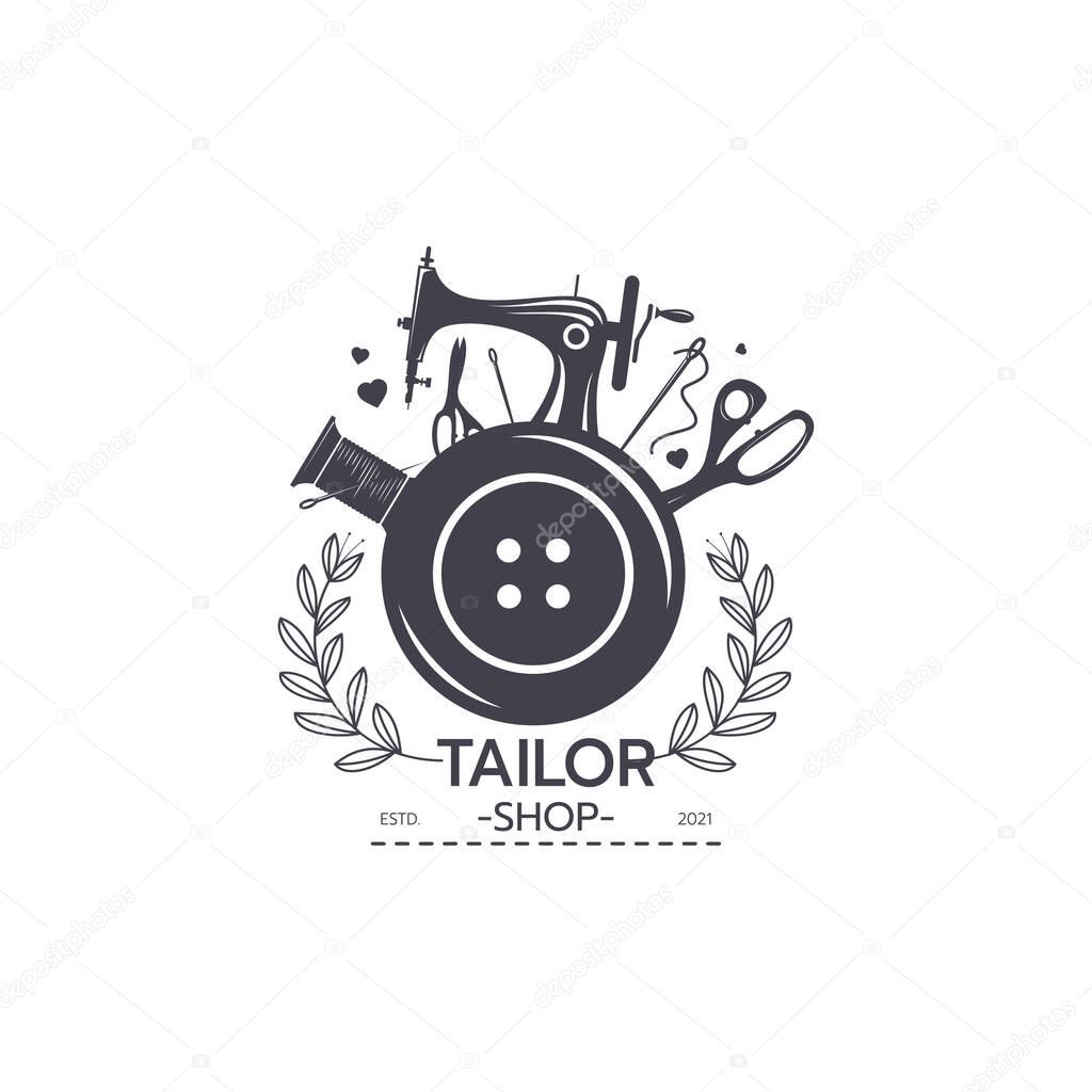 Sewing machine and tailoring clothes, logo design template. Tailor shop, tailoring craft and textile production, Fashion and clothes on white background vector illustration
