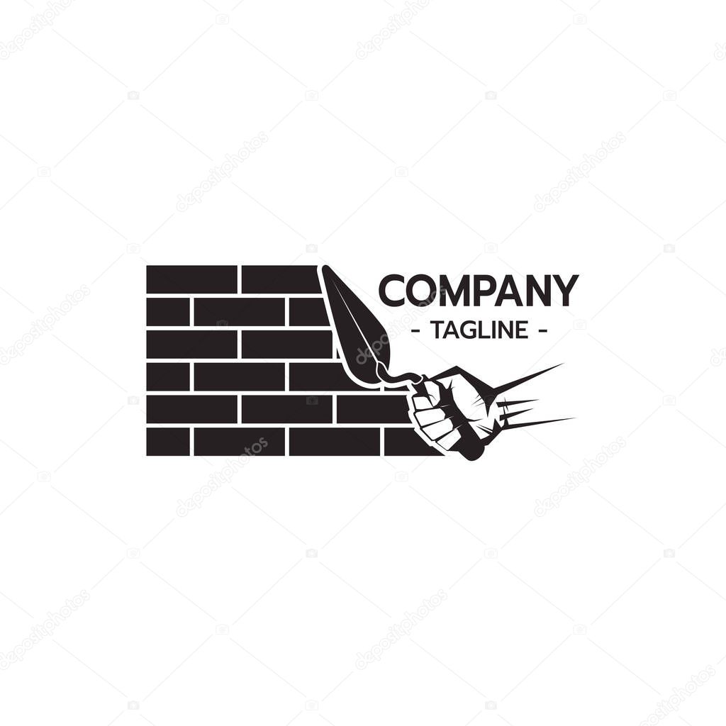 Bricklayer Logo with Hand Holding Trowel Construction Building Concrete Cement concept on white background Vector illustration