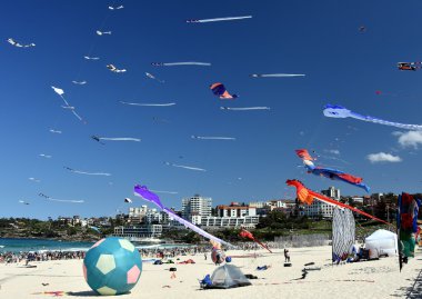 Uçurtma el ilanları ve Bondi Plajı'nda turistler