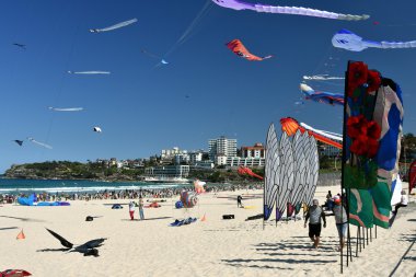 Uçurtma el ilanları ve Bondi Plajı'nda turistler