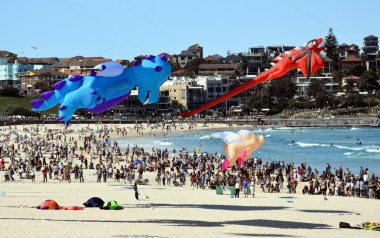 Uçurtma el ilanları ve Bondi Plajı'nda turistler