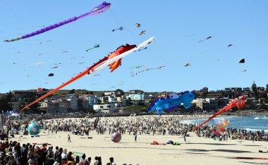 Uçurtma el ilanları ve Bondi Plajı'nda turistler