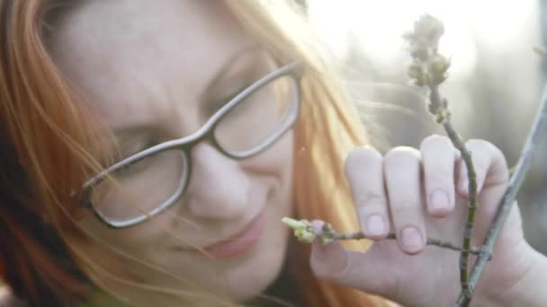 Hermosa chica con el pelo rojo con gafas en el parque mira a sauce — Vídeos de Stock