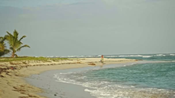 Mujer joven En vestido largo sostener un sombrero y caminar a lo largo del mar, ángulo ultra amplio, alejándose — Vídeo de stock