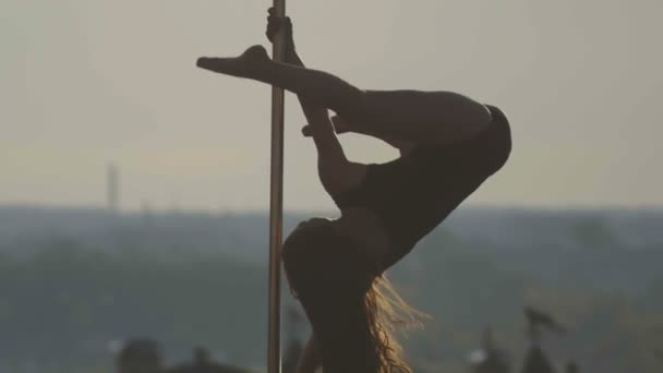 Fit sexual girl in black dress hanging on the portable pole at summer day over the skyline, slow-motion, telephoto — Stock Video