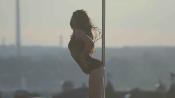 Fit sexual girl in black dress dancing on the portable pole at summer day over the skyline, slow-motion, telephoto — Stock Video